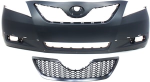 Front Bumper Cover Kit for 2007-2009 Toyota Camry, 2-Piece, Primed (Ready to Paint), with Fog Light Holes, without Parking Aid Sensor Holes, includes Grille, Replacement