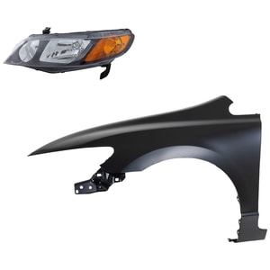 Headlight Kit for 2006-2008 Honda Civic, Left <u><i>Driver</i></u> Halogen Lens and Housing, 2-Piece with Fender, Replacement