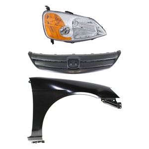 Headlight for 2001-2003 Honda Civic, Right <u><i>Passenger</i></u> Side, Lens and Housing with Fender and Grille, Halogen, 3-Piece Kit, Replacement