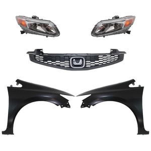 Headlight Assembly Kit for Honda Civic 2012-2012, Left <u><i>Driver</i></u> and Right <u><i>Passenger</i></u>, Halogen, 5-Piece Kit includes Fenders and Grille - Replacement