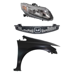Headlight Assembly Kit for 2013-2013 Honda Civic, Right <u><i>Passenger</i></u> Side, Halogen, 3-Piece Set with Fender and Grille, Replacement