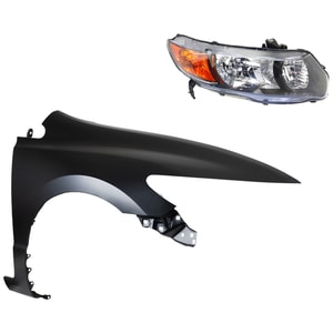 Headlight Kit for 2006-2008 Honda Civic, Right <u><i>Passenger</i></u> Side, Lens and Housing, Halogen, 2-Piece Kit, with Fender, Replacement