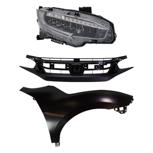 Headlight Assembly Kit for 2020-2020 Honda Civic Right <u><i>Passenger</i></u> Side, LED, 3-Piece Set with Fender and Grille Assembly Replacement
