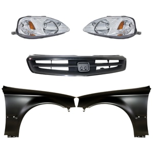 Headlight Kit for Honda Civic 1999-2000, Right <u><i>Passenger</i></u> and Left <u><i>Driver</i></u>, Lens and Housing, Halogen, 5-Piece with Fenders and Grille, Replacement