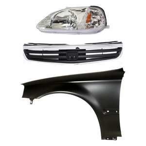 Headlight Kit for 1999-2000 Honda Civic, Left <u><i>Driver</i></u> Side, Lens and Housing, Halogen, 3-Piece Kit, with Fender and Grille Assembly Replacement