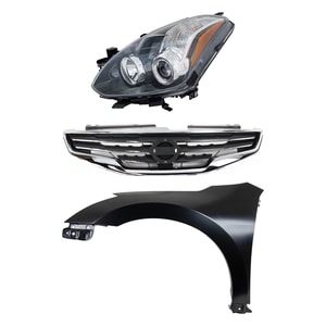 Headlight Assembly Kit for 2010-2012 Nissan Altima, Left <u><i>Driver</i></u>, Halogen, 3-Piece Set with Fender and Grille Assembly, Replacement