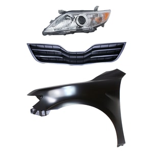 Headlight Assembly Kit for 2010-2011 Toyota Camry, Left <u><i>Driver</i></u>, Halogen, 3-Piece with Fender and Grille Assembly, Replacement