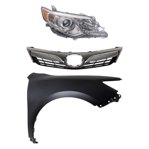 Headlight Assembly Kit for 2012-2014 Toyota Camry, Right <u><i>Passenger</i></u> Side, 3-Piece with Halogen Light, Fender and Grille Assembly, Replacement