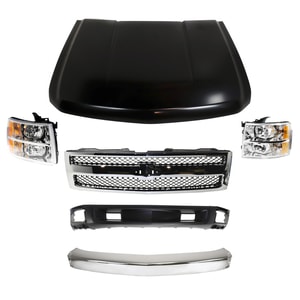 Front Bumper Kit for 2007-2008 Chevrolet Silverado 1500, Chrome, 6-Piece Includes Headlights and Grille, Replacement