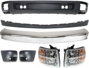 Front Bumper Kit for 2007-2008 Chevrolet Silverado 1500, 7-Piece Set includes Bumper Ends, Headlights, and Valances, Replacement Parts