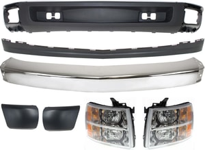 Front Bumper Replacement Kit for 2007-2008 Chevrolet Silverado 1500, 7-Piece Set with Bumper Ends, Headlights, and Valances