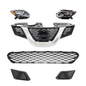 Headlight Assembly Kit for 2014-2015 Nissan Rogue, Halogen, Right <u><i>Passenger</i></u> and Left <u><i>Driver</i></u>, 6-Piece kit with Bumper Grille, Fog Light Cover, and Grille Assembly Replacement
