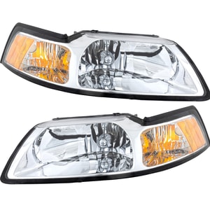 Headlight Assembly Pair/Set for 1999-2000 Ford Mustang with Right <u><i>Passenger</i></u> and Left <u><i>Driver</i></u> Lights, Halogen, Chrome Interior, Replacement