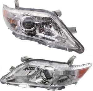 Headlight Assembly Pair/Set for 2010-2011 Toyota Camry Base/LE/XLE Models, USA Built Vehicle, Right <u><i>Passenger</i></u> and Left <u><i>Driver</i></u>, Halogen, Chrome Interior, Replacement