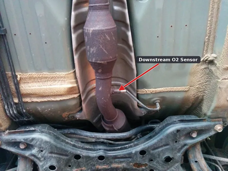 A downstream oxygen sensor threaded into a vehicle's exhaust pipe immediately following the catalytic converter.