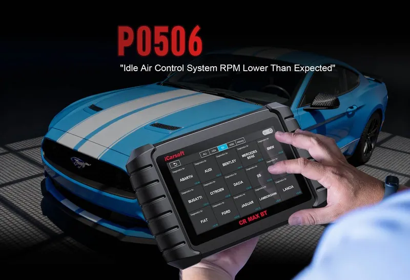 An OBD-II scanner plugged into a car's dashboard displaying the P0506 diagnostic trouble code.